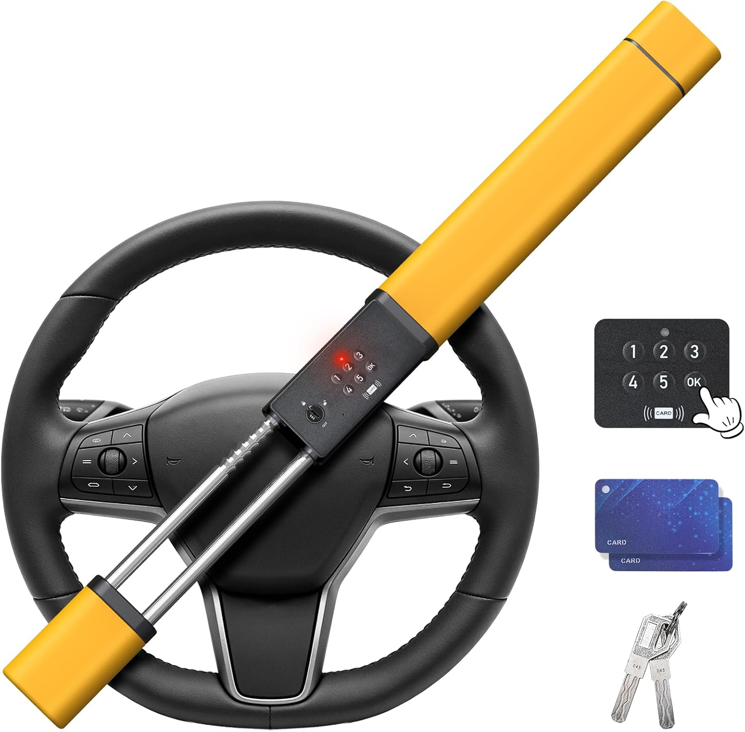Smart Steering Wheel Lock with Alarm, Heavy-duty Car Anti-theft Device with Multiple Keyless Unlocking Way (Password + IC Card + Backup Keys), Fits 8.9–16" Truck Van SUV Car Wheels,Bright Yellow