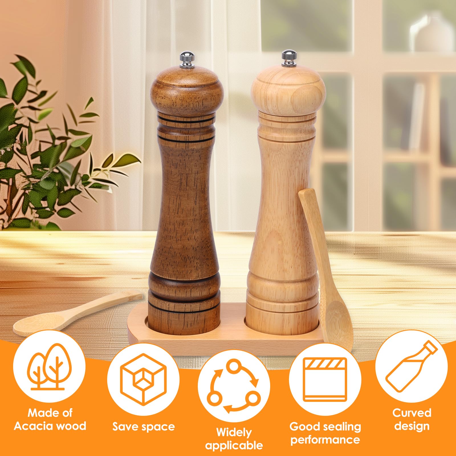 ZJRDYYK 2PCS Wooden Salt and Pepper Grinder Set, Adjustable Coarseness Salt and Pepper Shakers with Holder and 2 Spoons for Your Kitchen