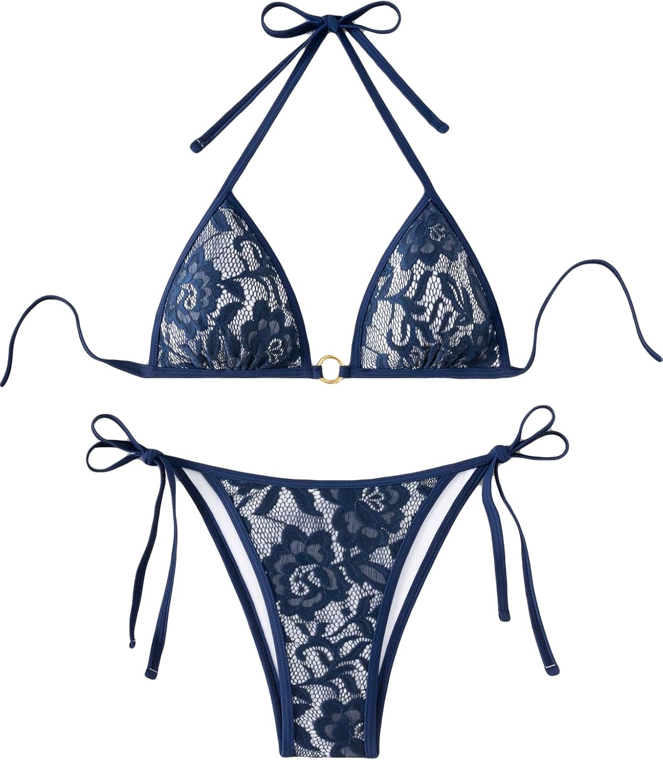 Women's Floral Lace Sexy Bathing Suit Ring Halter Summer Swimsuit Bikini Set