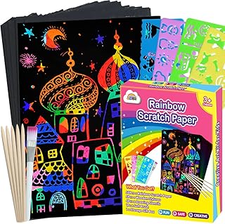 ZMLM Scratch Paper Art Set, 60 Pcs Rainbow Magic Scratch Paper for Kids Black Scratch it Off Art Crafts Kits Notes Sheet with 5 Wooden Stylus for Girl Boy Halloween Party Game Christmas Birthday Gift