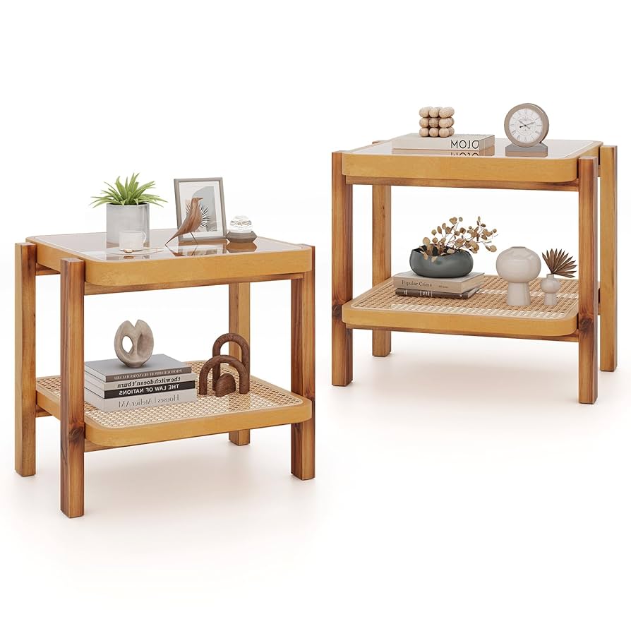 サイドテーブル・ナイトテーブル・ローテーブル Rattan glass top side table Amazon.com: Giantex Rattan Side Tables Set of 2, Boho End