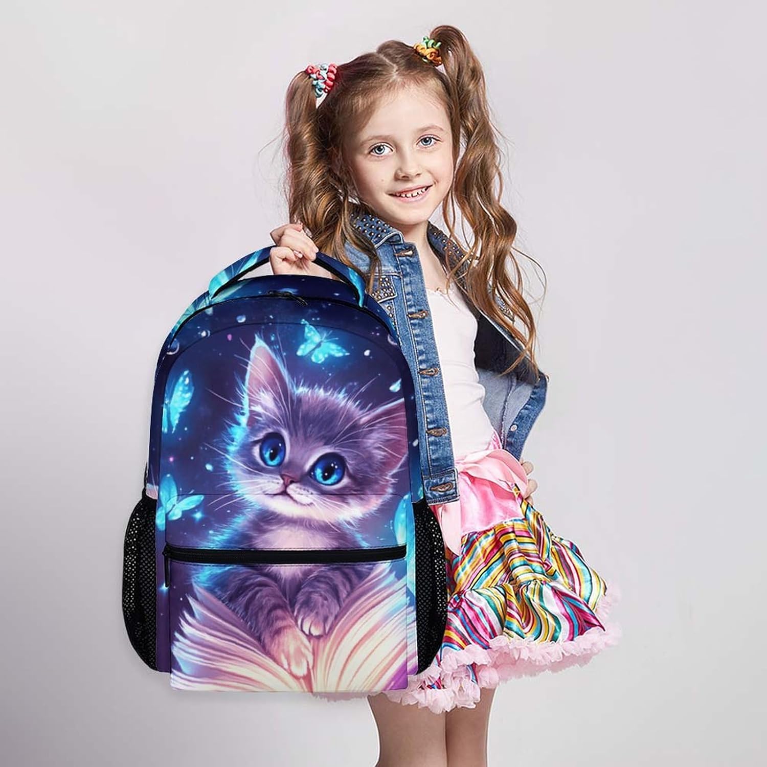School Backpack for Girls, Cat Backpacks for Kids Kindergarten Preschool, 17 Inch Lightweight Cute Cat Bookbag for Travel Hiking Back to School