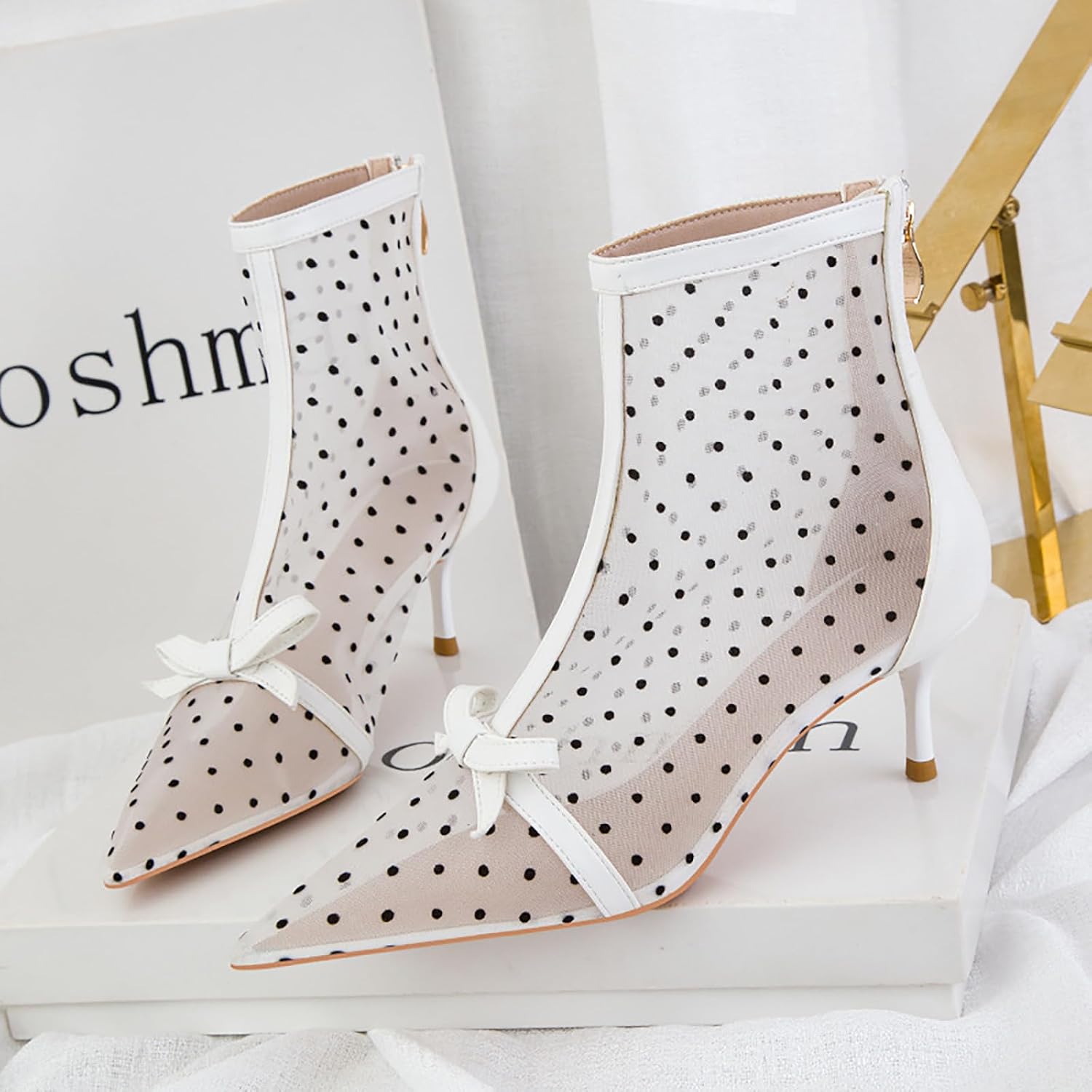 Women's Polka Dot Mesh Stiletto Ankle Boots With Back Zipper Sexy Breathable Pointed Toe High Heel Summer Booties for Party Evening Dress Boots