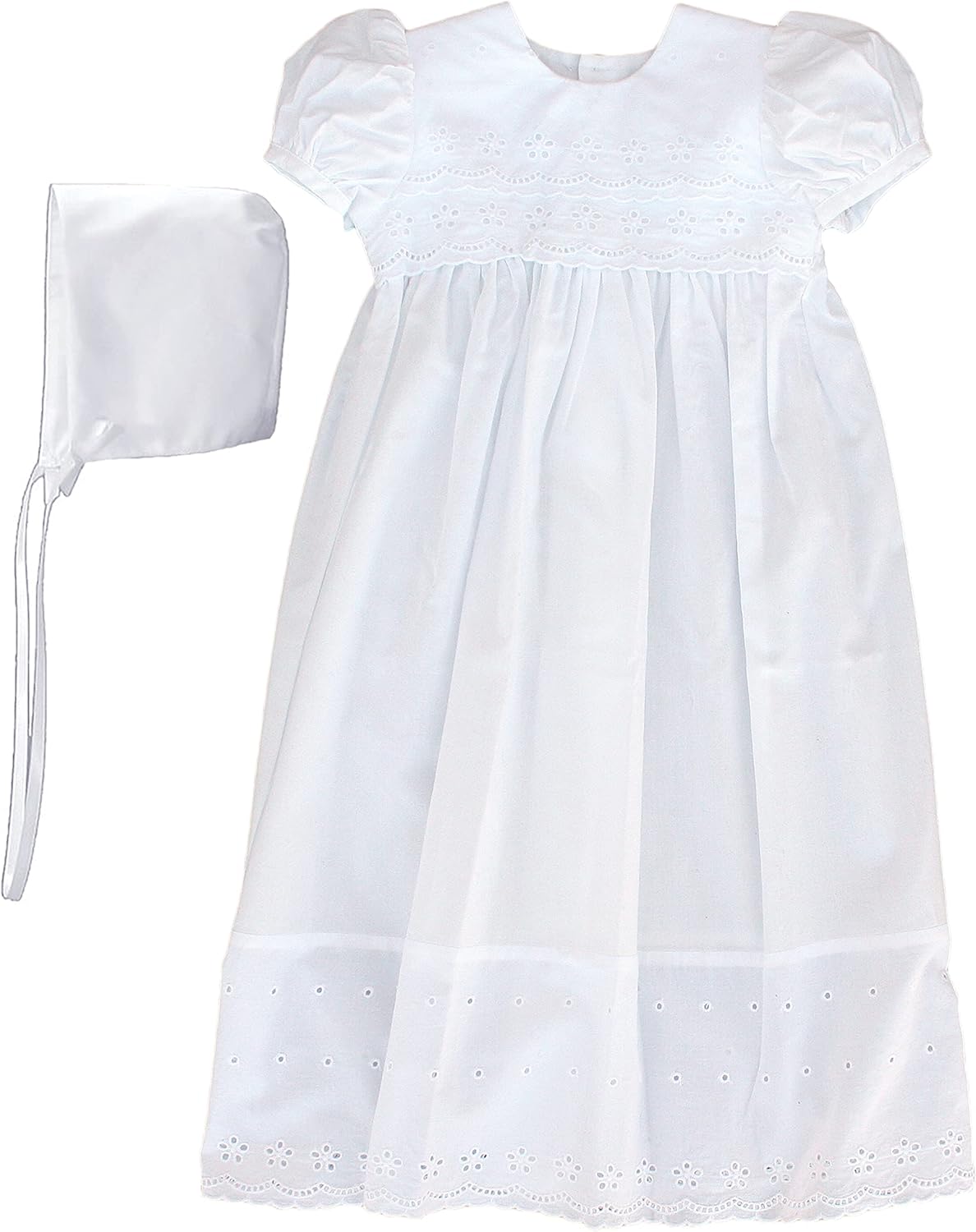 White Cotton Christening Baptism Gown with Lace Border with Bonnet