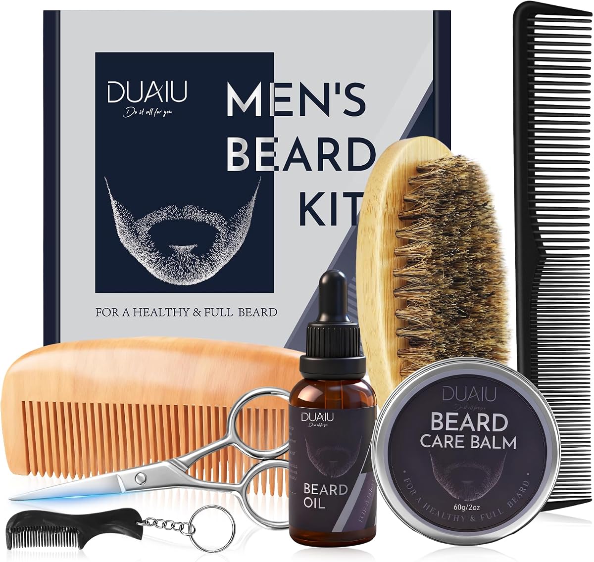 DUAIU Kit de cuidado de barba para hombres, aceite y bálsamo para barba, cepillo de cerdas de jabalí, peine múltiple y tijeras para recortar y peinar barba y bigote, ideal para uso de papá/marido/novio