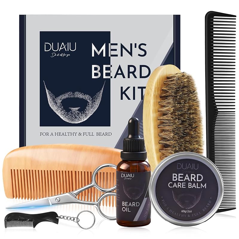 Kit de cuidados para barba DUAIU com óleo, bálsamo, escova, pentes e tesoura, pacote com 7 peças