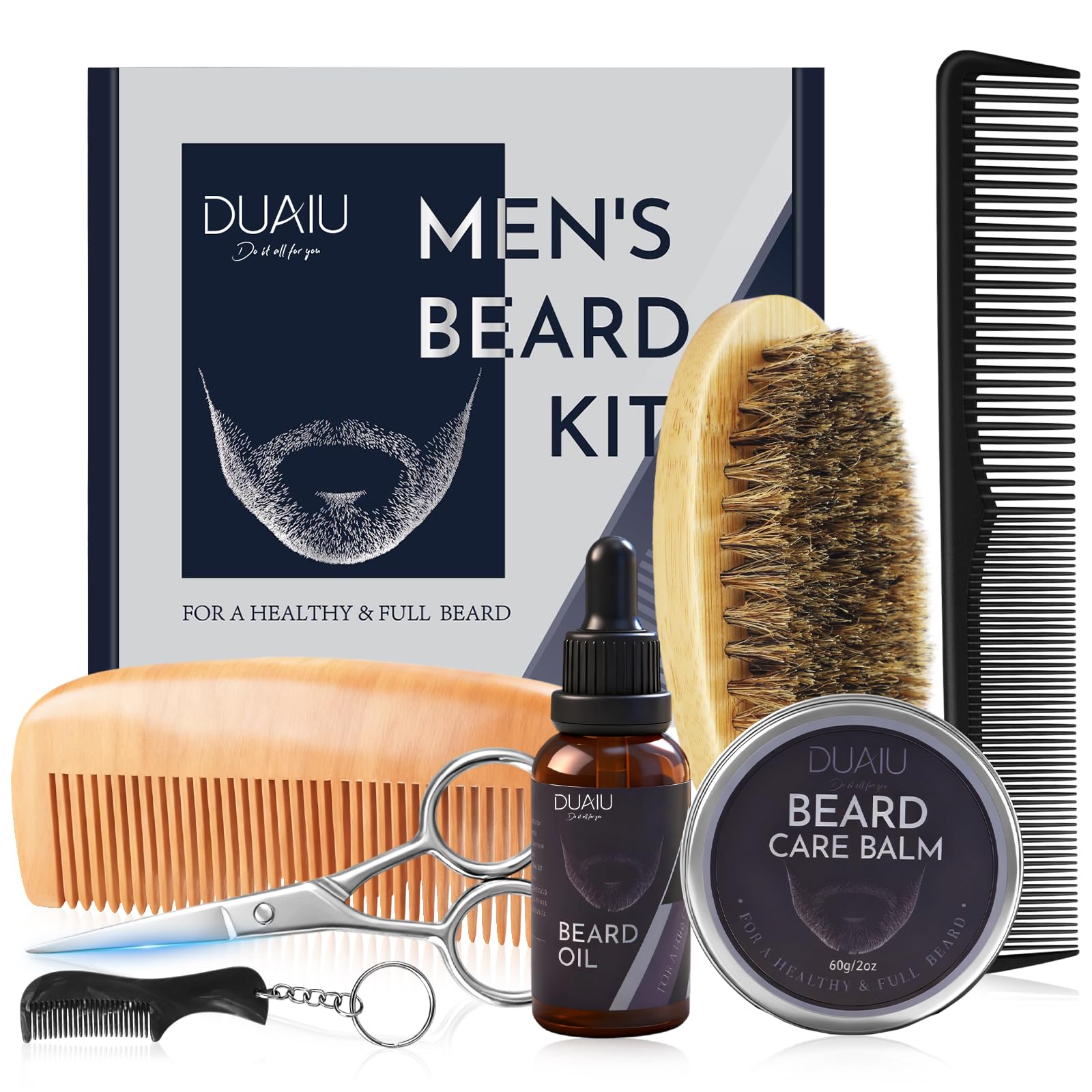 DUAIU Beard Grooming Kit for Men Care, Beard Oil & Beard Balm, Boar Bristles Brush, Multi-Comb and Scissors for Beard and Moustache Trimming and Styling - Great for Dad/Husband/Boyfriend Use