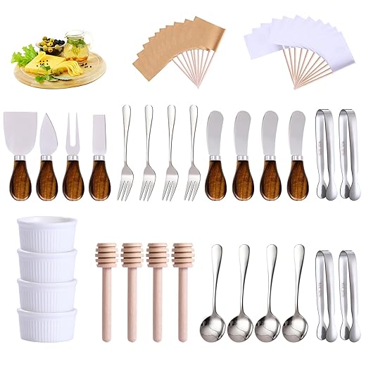 Charcuterie Boards Accessories(29 PCS) Cheese Spreaders for Charcuterie Board Mini Serving Spoon Fork Tongs Blank Toothpick Flags Bowl
