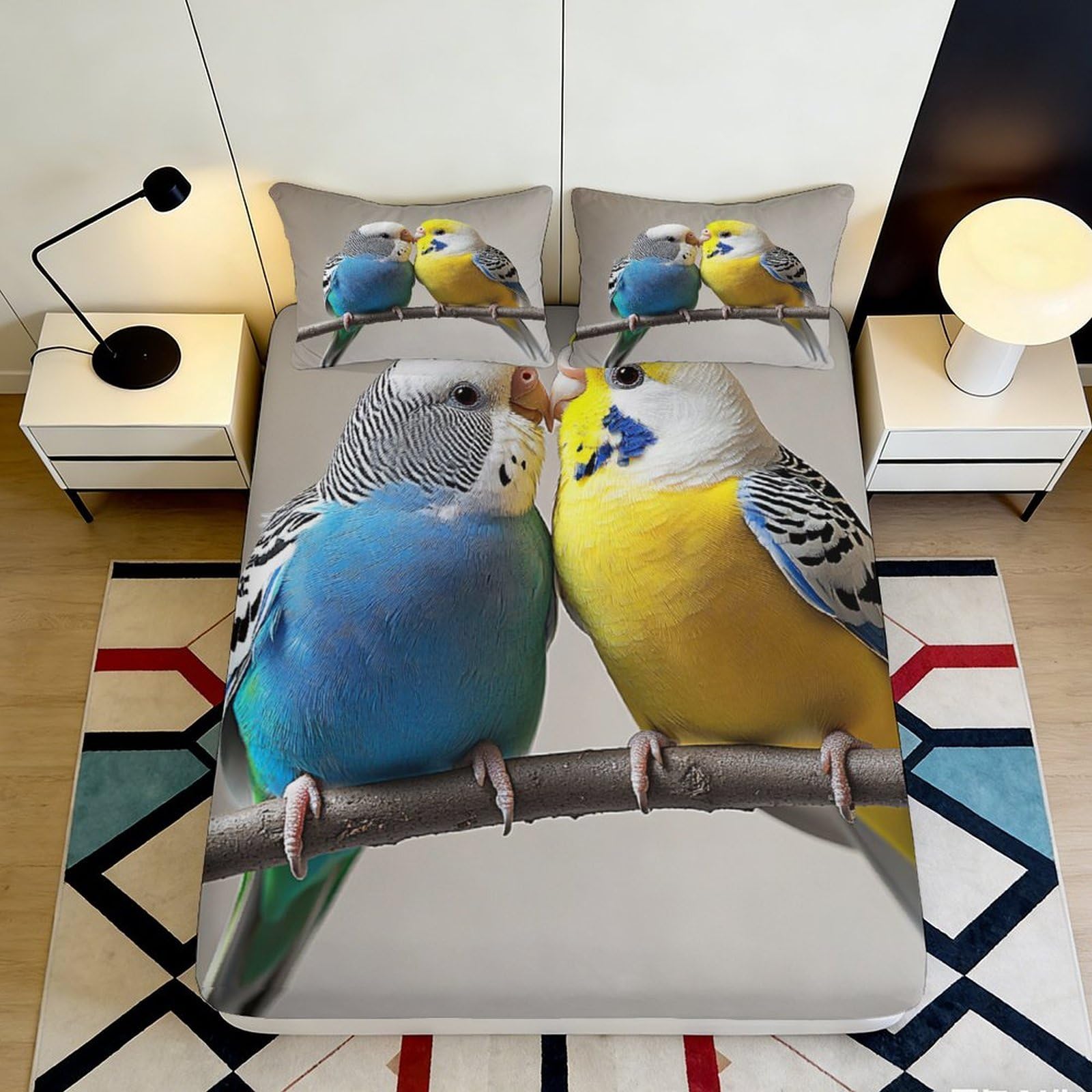 3D Printed Budgerigar Birds Fitted Sheet Microfiber Soft Durable Yellow Blue Parrot Design Bed Cover for Bedroom Dormitory Guest Room Mattress Protection 90x200x25cm