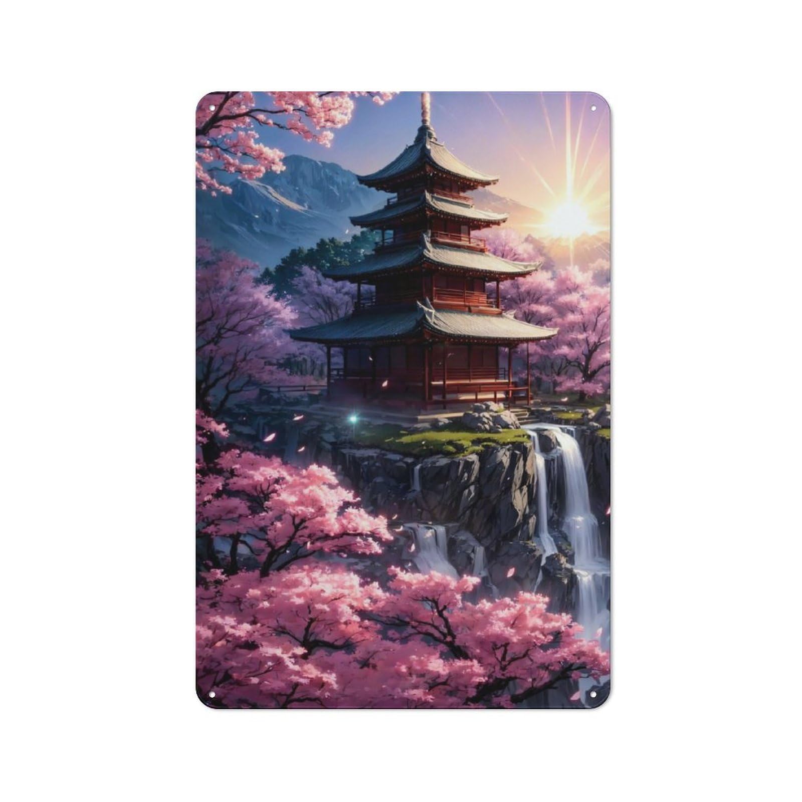 Junmoney Japanese Shrine Sakura Art Tin Wall Plaque 30X20cm With For Dining Room Or Kitchen, For Vintage Wall Decor Fans, For Themed Room Decoration