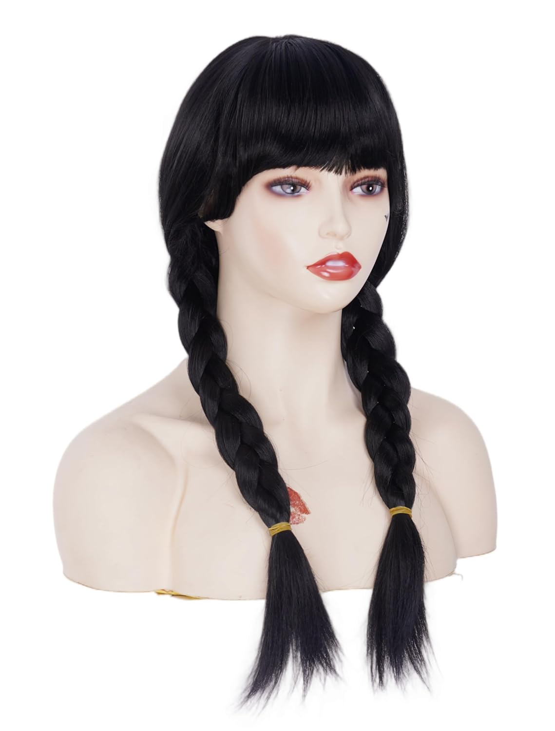 Long Black Wigs with 2 Pigtails for Women 20 Inches Synthetic Wig with Bangs for 70s 80s Cosplay,Halloween Party or Daily Use