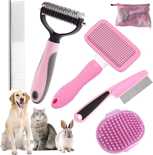 KUEIOX 6 PCS Dog Cat Grooming Brush Kit Pink