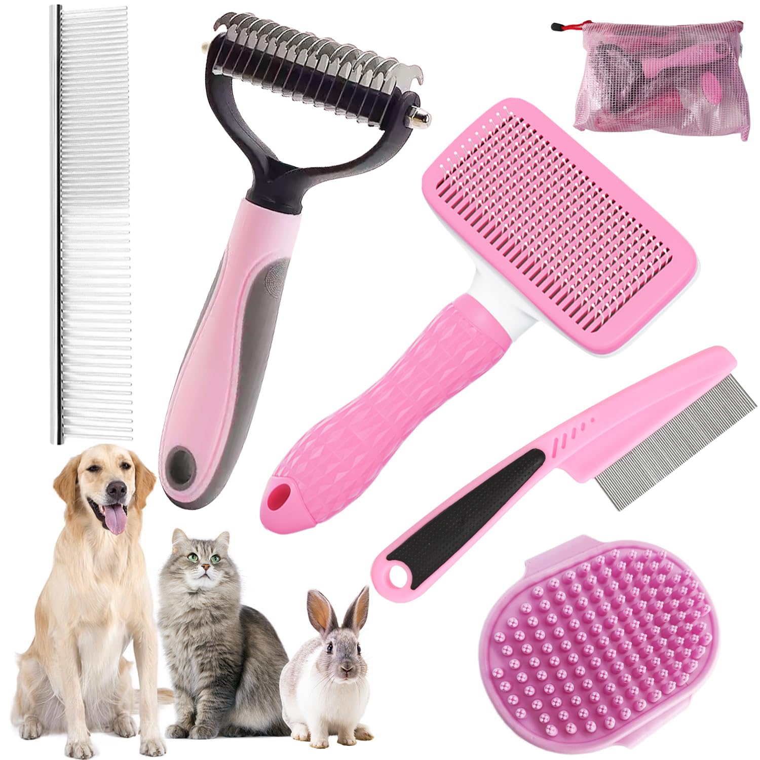 Dog Brush for Grooming,6 PCS in One Pet Slicker Hair Brush Kit Organizer Bag - Dog Cat Grooming Deshedding Undercoat Rake Brush Comb for All Small Large Dogs Cats Pink