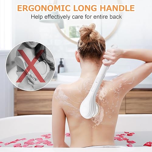 Miniatura 7 de LINGSFIRE Cepillo corporal eléctrico recargable para ducha, cepillo de baño exfoliante de mango largo para ducha, aplicador de loción para la