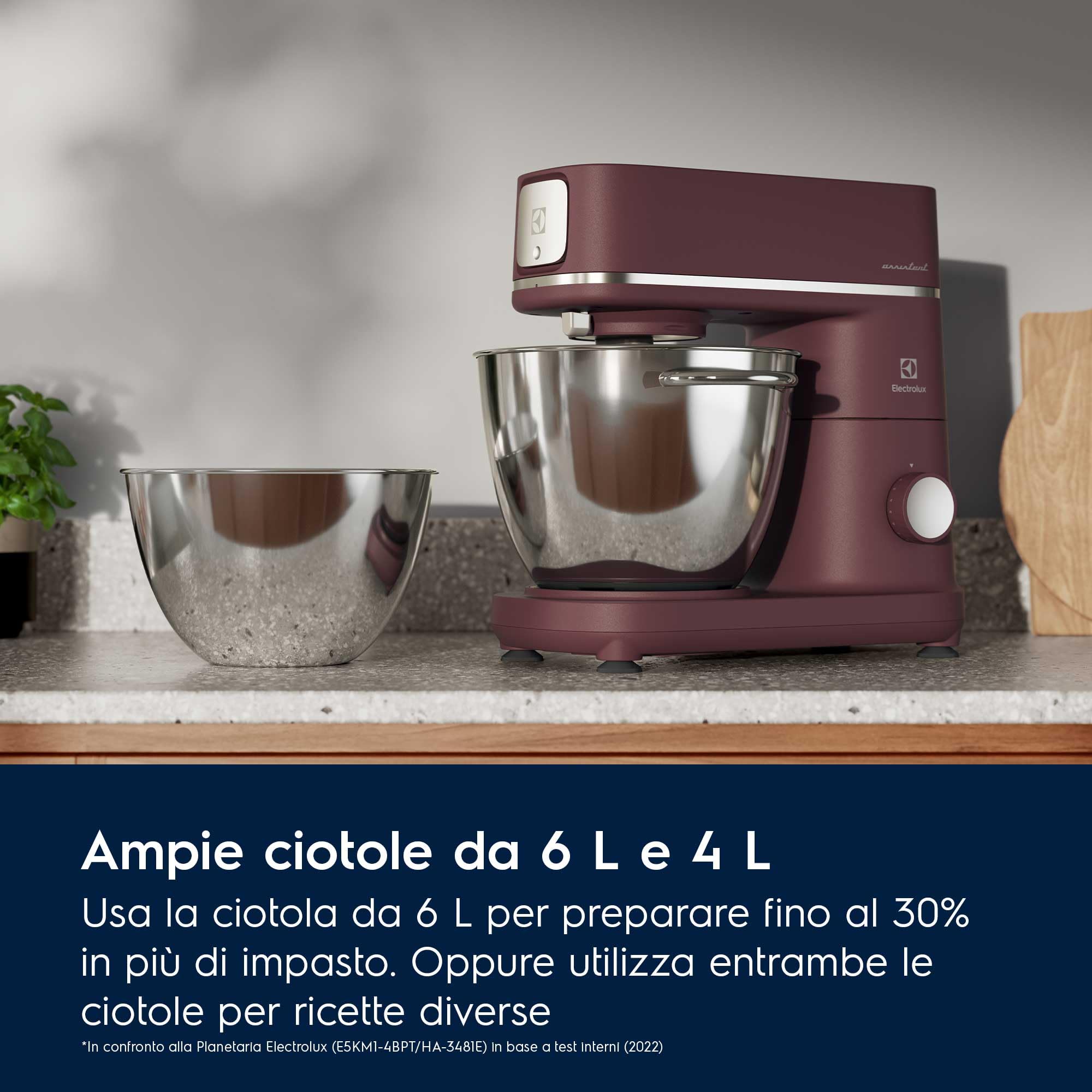 Electrolux, Impastatrice Planetaria E6KM1-4DRT, Robot da Cucina Multifunzione 1200 W, Ciotole 6 & 4 L, LED, Coperchio per Lievitazione, Accessori Completi, Rosso