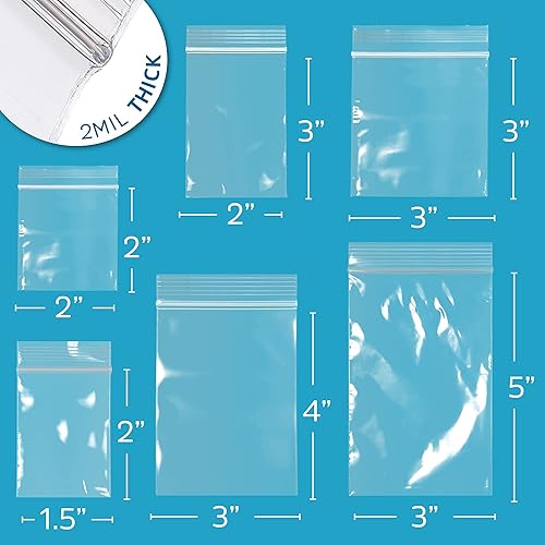 Miniatura 10 de Bolsas surtidas de plástico con cremallera, paquete de 400 unidades GPI de 2 mil, 4 tamaños, 2 x 2, 2 x 3, 3 x 4, 3 x 5, bolsas de polietileno