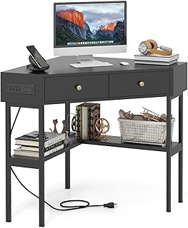 Tangkula Corner Desk with 2 Drawers & Built-in Charging Station, 90 Degr...