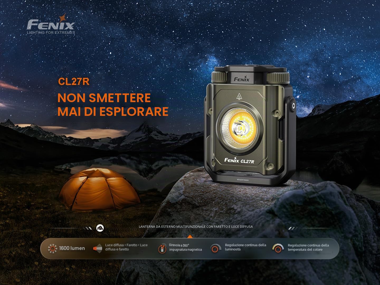 fenix CL27R Lanterna ricaricabile multi fascio | 1600 lumen | 180 m | 285 ore max | Modalità luce rossa | Regolazione continua della temperatura del colore e della luminosità | Manico magnetico a 360°