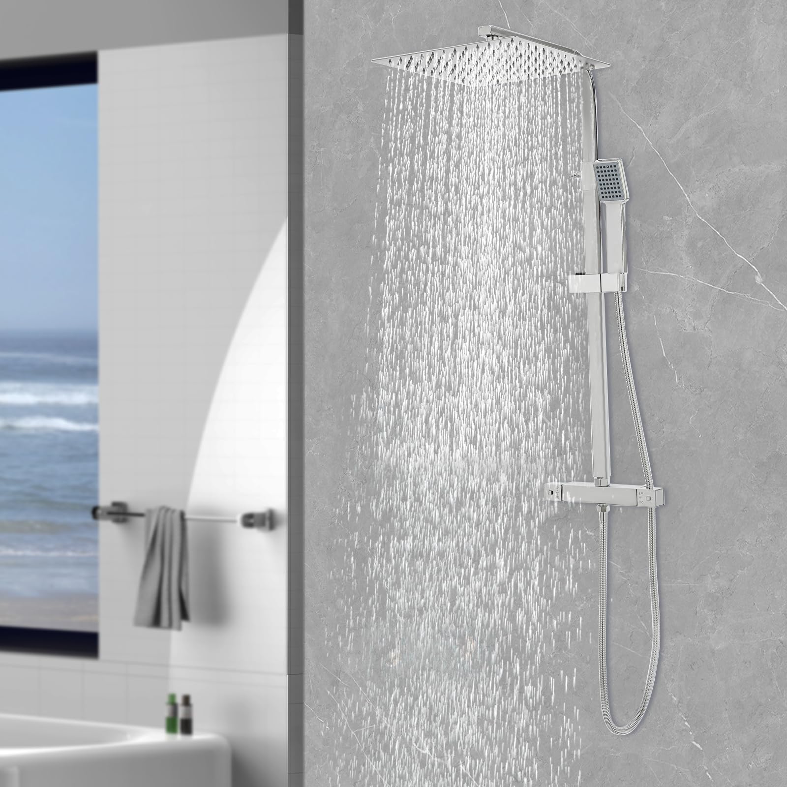 Sistema de ducha de 38 °C, grifo termostático, barra ajustable, 820 – 1220 mm, barra ajustable, ducha, grifo de ducha cuadrado de acero inoxidable