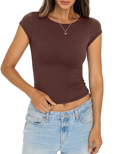 EasyGala Womens Double Lined Tops Cropped Cap Sleeve Shirts Crew Neck Fitted Going Out Tees Y2k Summer Clothes 2026
