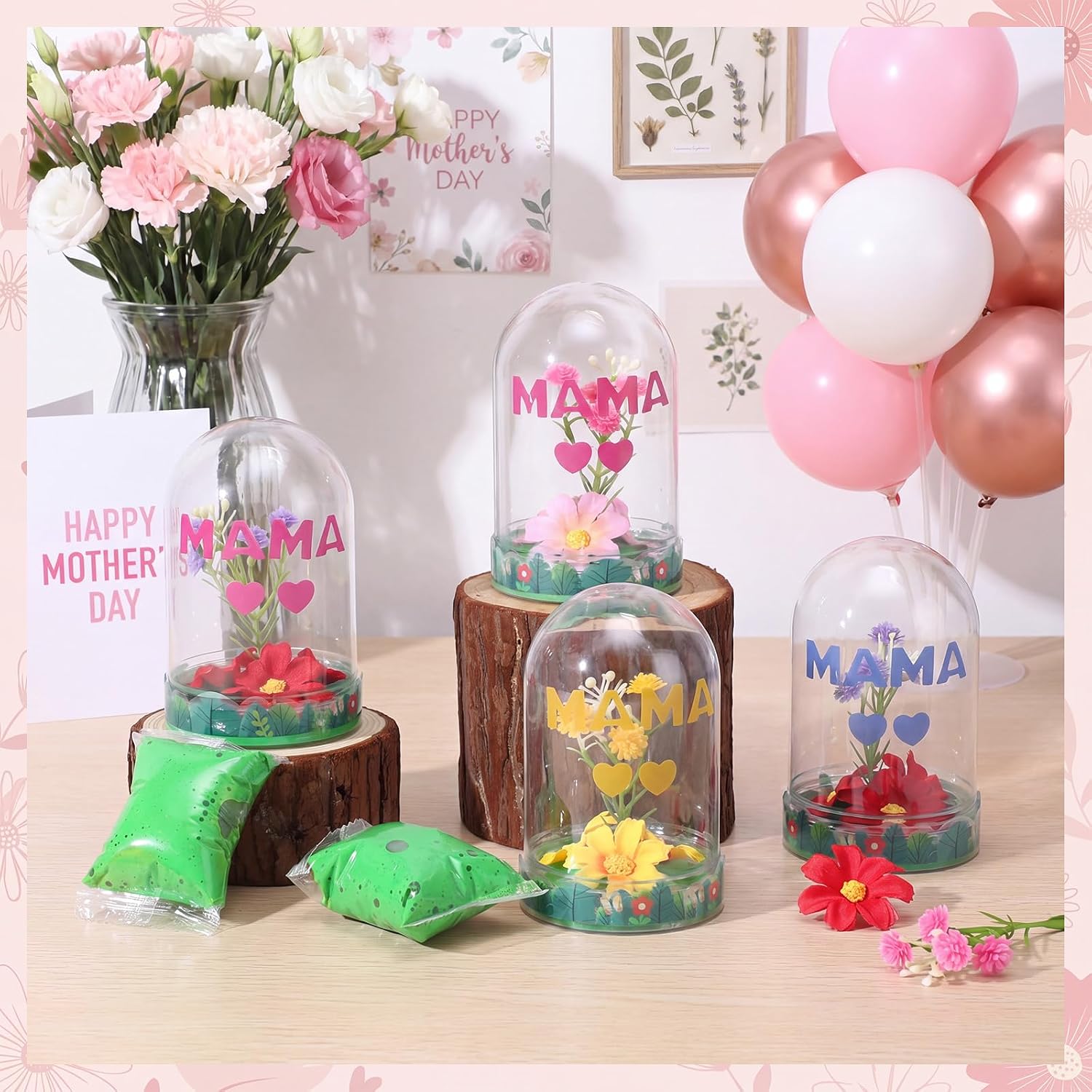 Newtay 12 Sets Mother's Day Flower Snow Globe Craft Kits with Artificial Flower Stickers Clay DIY Plastic Globe Kit Art Activity Project for Home Spring Party Supplies