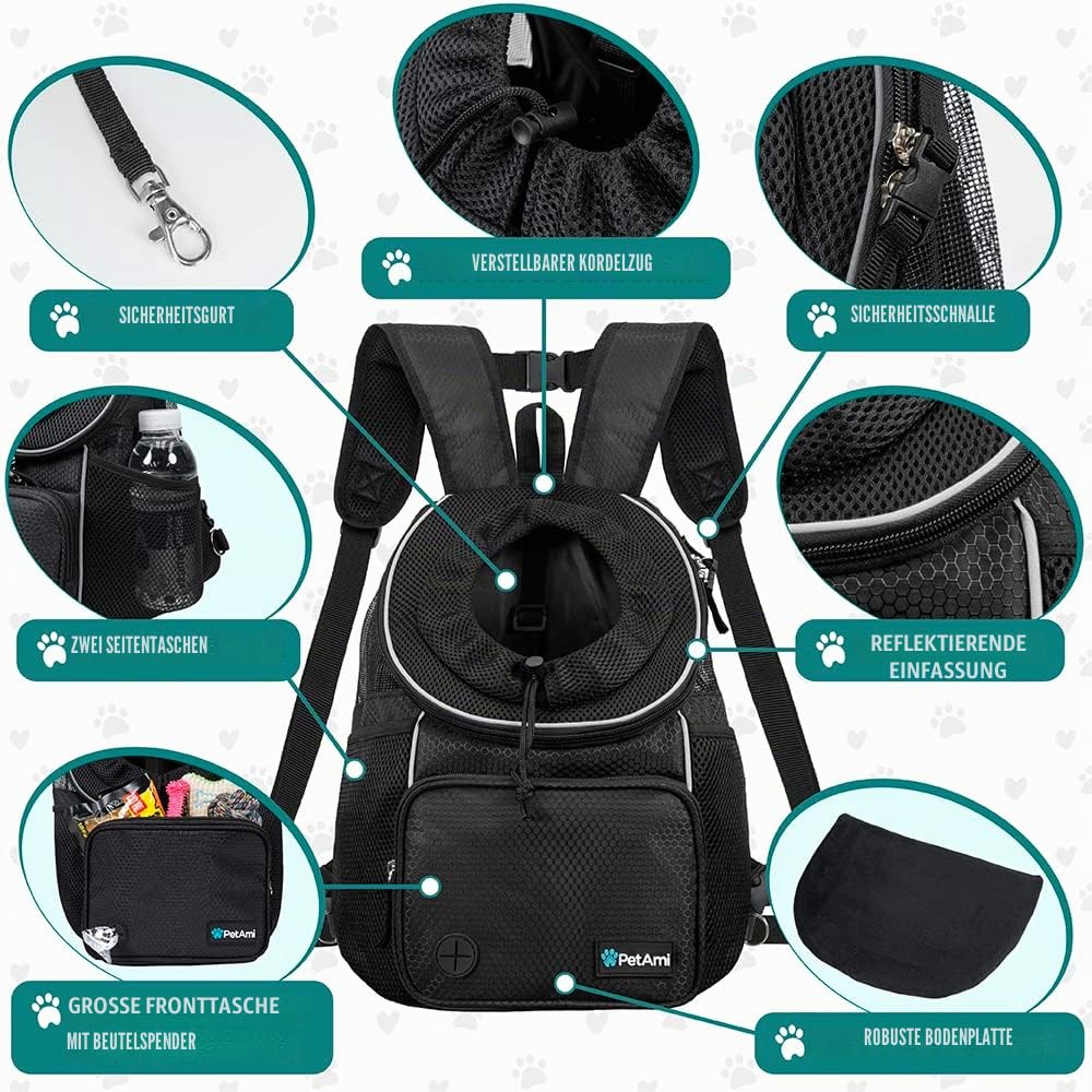 PetAmi Hundetragetasche vorne, Verstellbarer Rucksack für Hunde, Haustier, Katzen, Brusttasche, belüftet, für Wandern, Camping, Reisen, kleine mittelgroße Hunde, Welpen, max. 4.5 kg, Schwarz