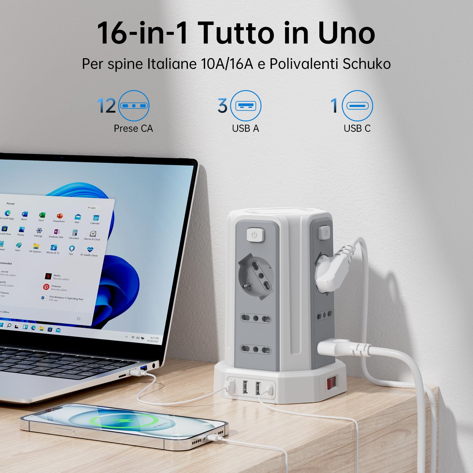 Steckdosenleiste mit 12 Universalsteckdosen ITA 10/16A und Schuko und 3 USB A+1 USB C Überspannungsschutz mit 4 unabhängigen Schaltern, Weiß