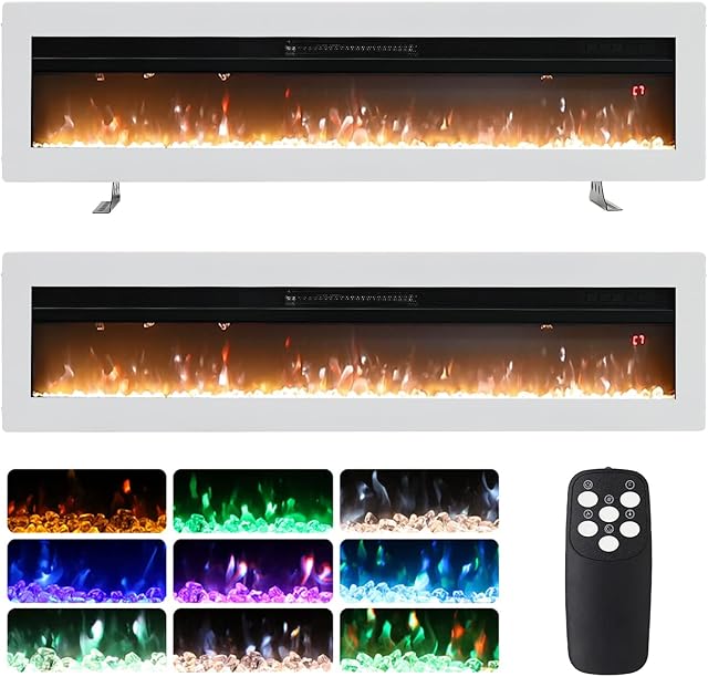 INMOZATA 152cm Electric Fire Recessed Wall Mounted Freestanding Electric Fireplace with Realistic LED Flame Effect, Adjustable Thermostat, Overheat Protection, 900W&1800W (152 cm/60 inch, White)