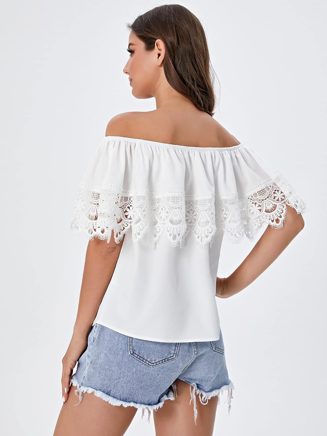 WDIRARA Women's Off The Shoulder Ruffle Trim Short Sleeve Lace Blouse Casual Tops - Image 6