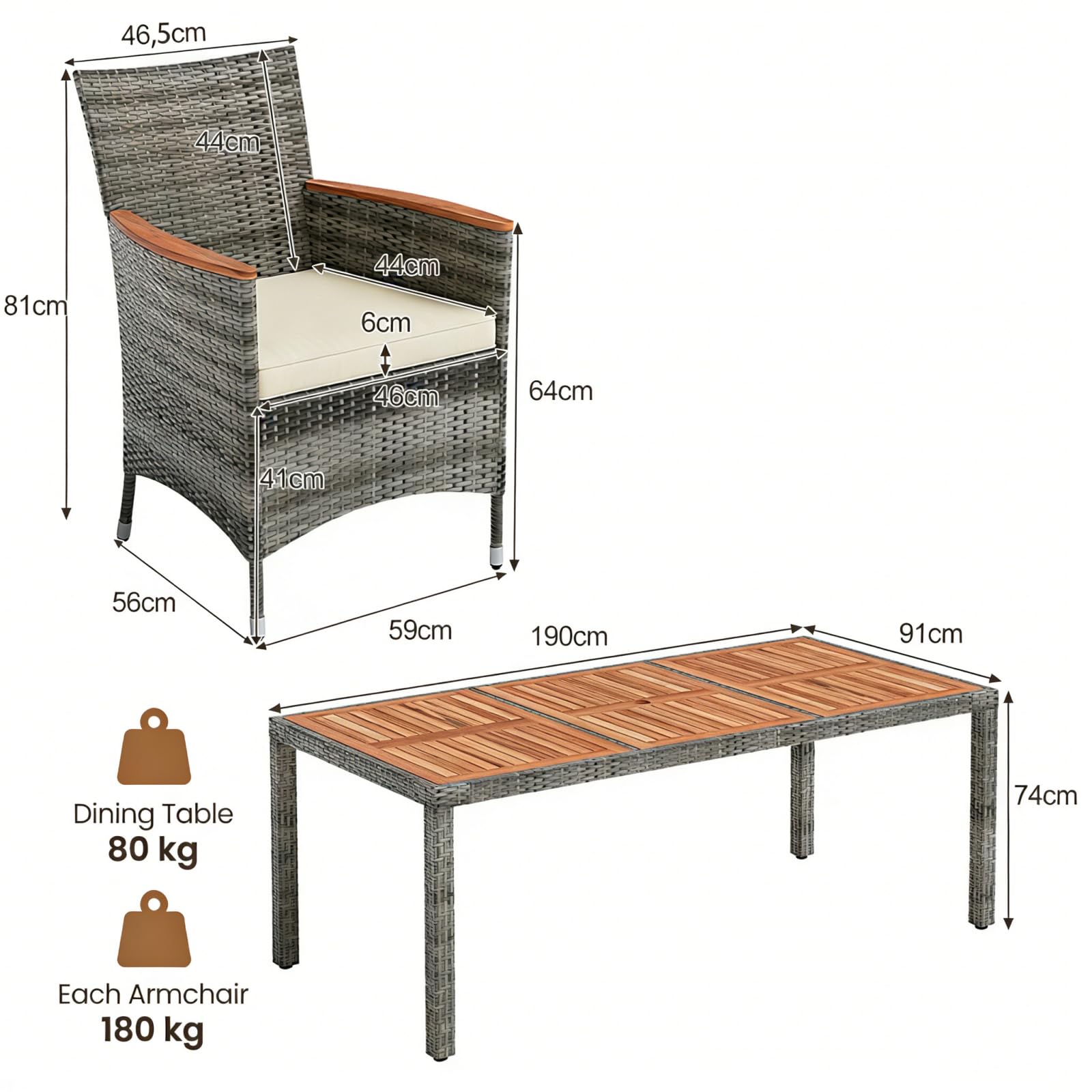 LIFEZEAL Tavolo da pranzo da giardino esterno con sedia in rattan PE, tavolo rettangolare e 8 sedie con cuscino, set di mobili per 8 persone, patio, terrazza, carico 180 kg, PE59691234ES