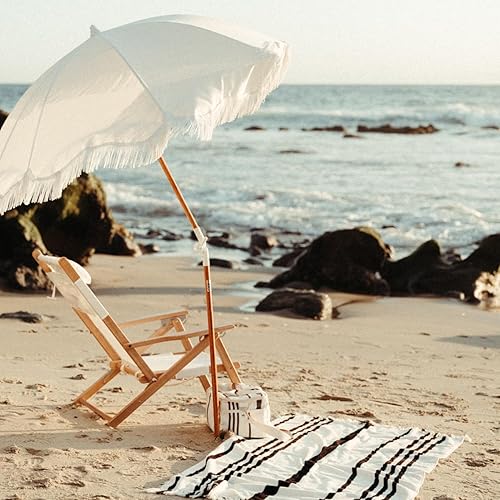 Miniatura 6 de Business & Pleasure Co. Sombrilla de playa para vacaciones, paraguas bohemio con flecos, UPF 50+, poste de madera inclinable de 1 pulgada, 5 pies de