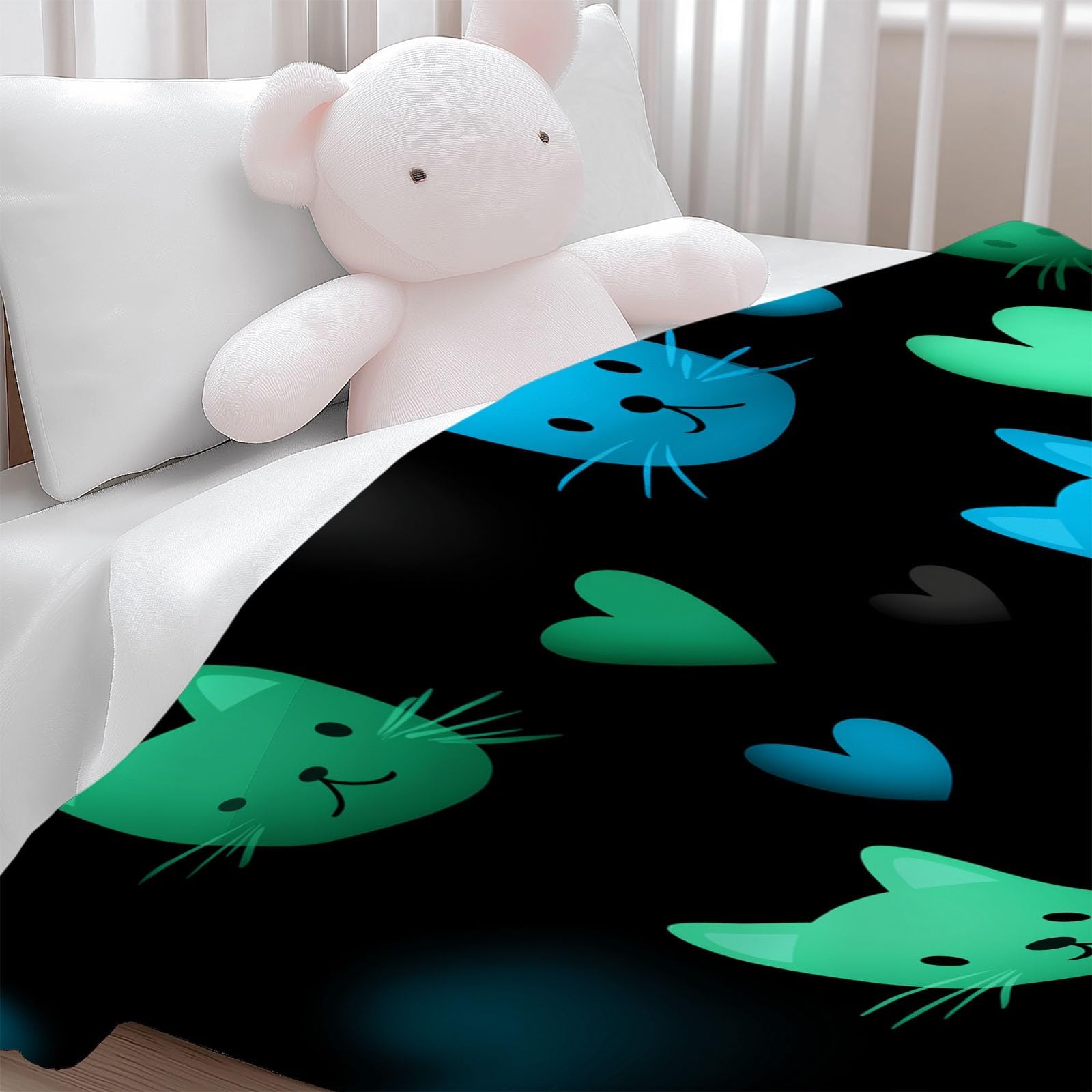 Generico Plaid Coperta Pile Nero Bambini Ragazzi Ragazze Plaid Pile Motivo Forma Faccia Gatto Neon Cartoni Animati Coperte Flanella 220 x 240 cm, per Letto e Divano Blanket Peluche Morbida e Calda