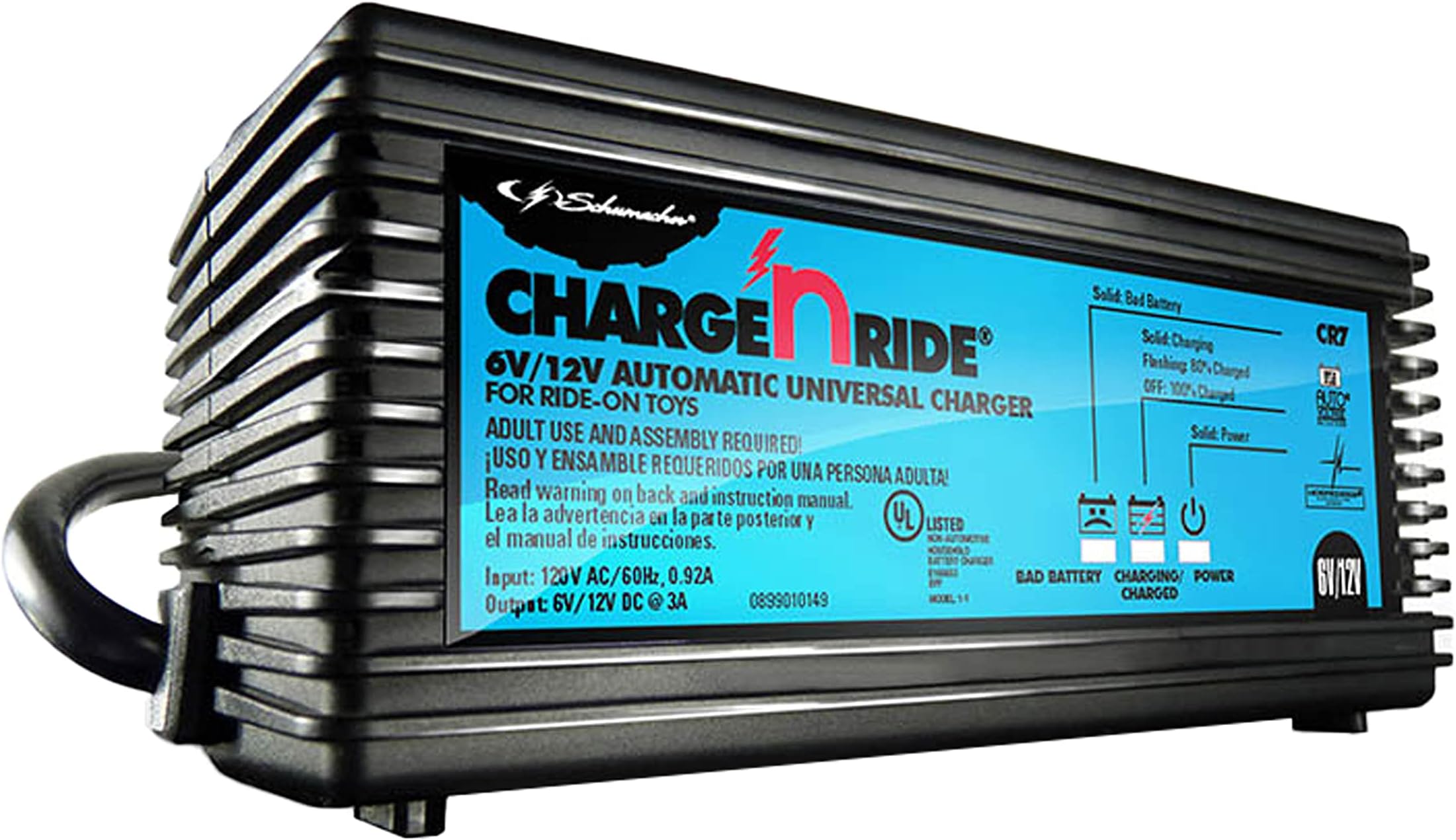 Schumacher Electric6 Volt / 12 Volt Battery Charger for Ride on Toys - Charge 'N Ride CR7-3 Amp, Fully Automatic 6V / 12V Battery Charger - Charge a 3 or 4 Wheeled Toy Car Battery 3X Faster