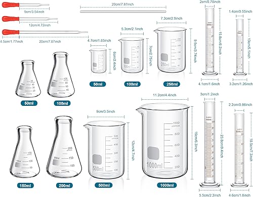 Miniatura 2 de Frienda 20 piezas de cristalería de laboratorio incluyen 4 cilindros graduados, 4 vasos de vidrio, 3 cuentagotas de vidrio, 4 varillas de agitación,