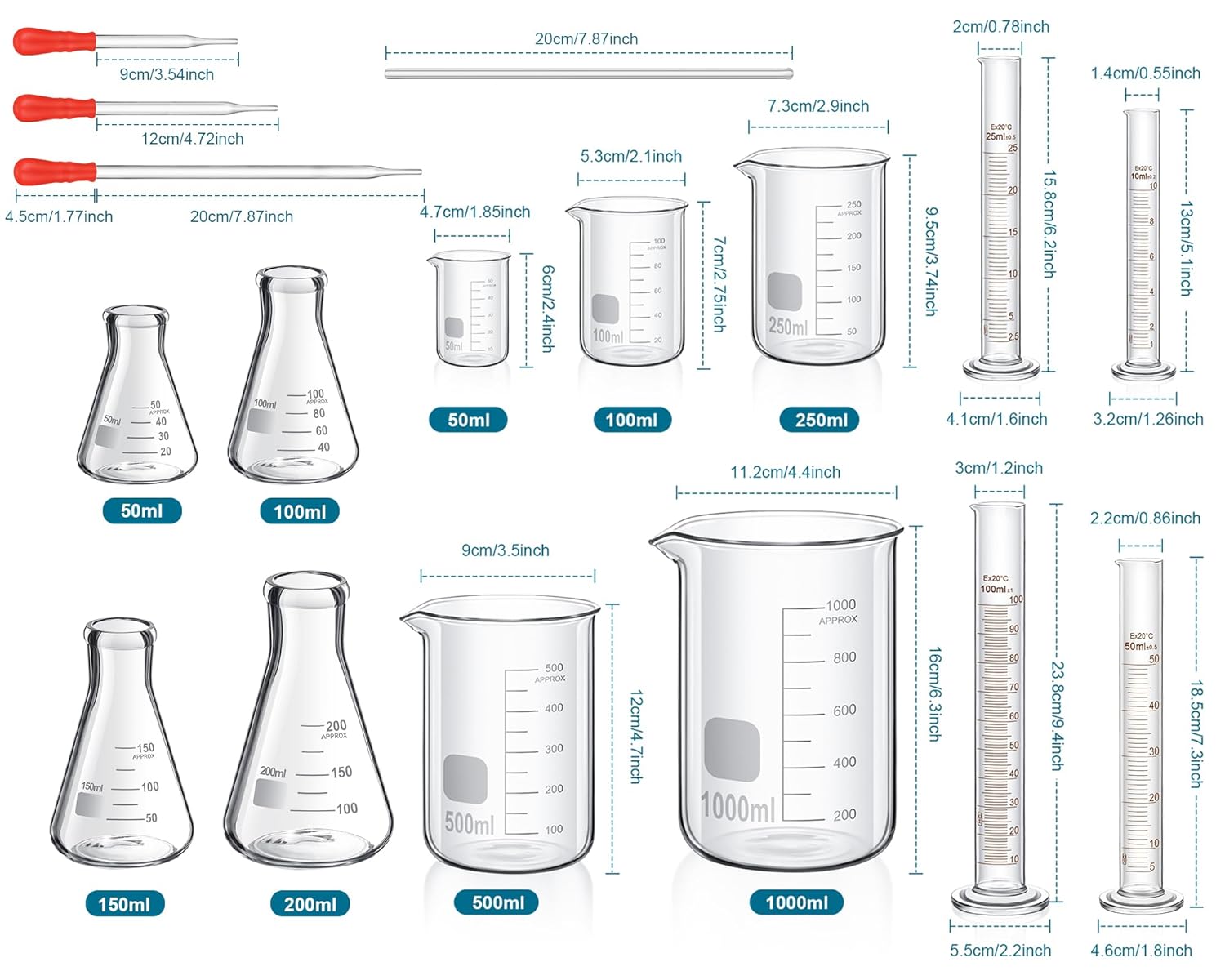 Frienda 50/100/250/500/1000ml Lab Glassware Include Graduated Cylinder, Glass Beaker Set, Glass Dropper, Stirring Rod, Measuring Cups for Laboratory Science Chemistry Supplies (20 Pcs)