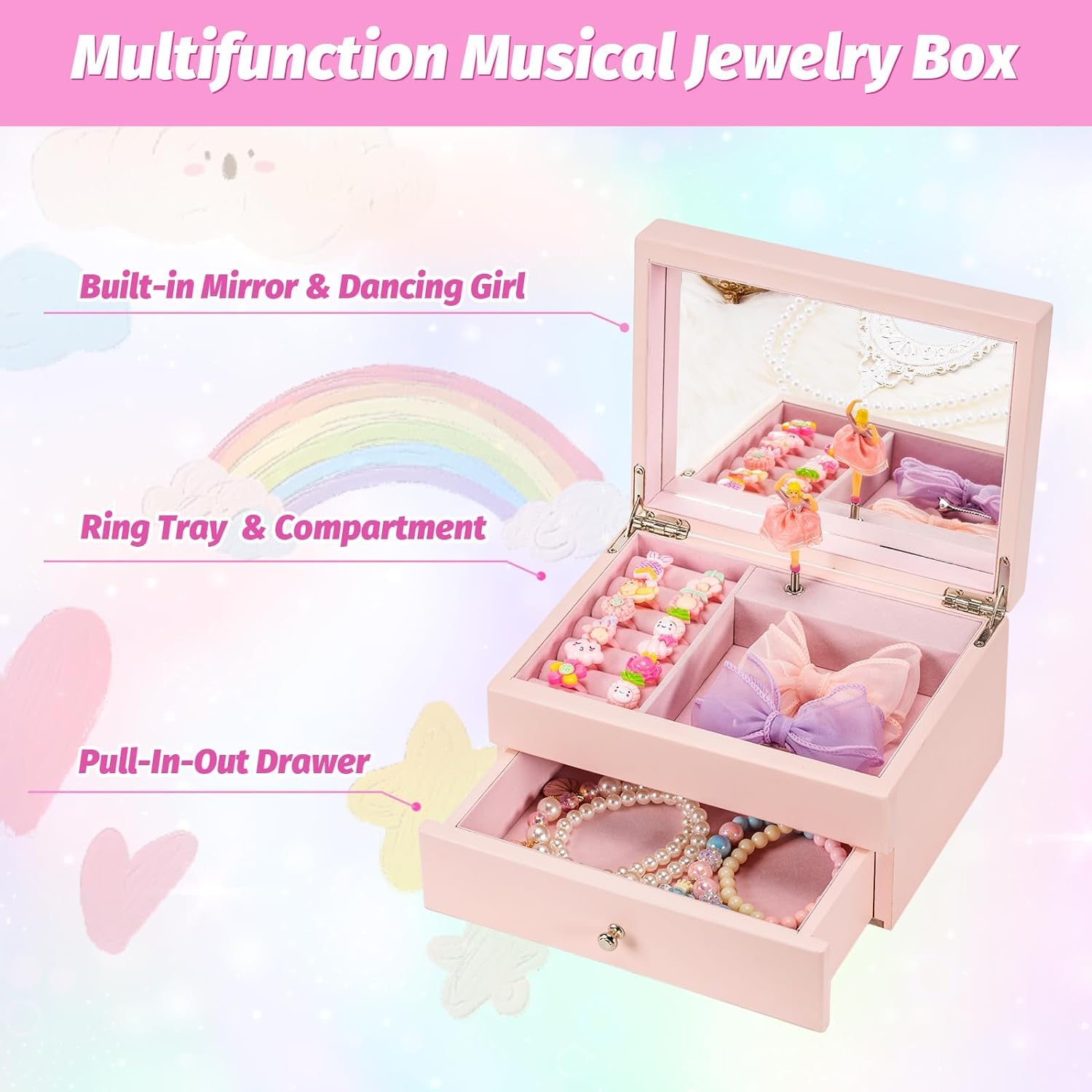 2 Niveles Joyero Niña, Joyero Musical Niña de Madera con Bailarina Giratoria, Joyero Musical Bailarina para Niñas Pequeñas, Navidad, Cumpleaños, Día del Niño, Año Nuevo Regalo (Rosa)