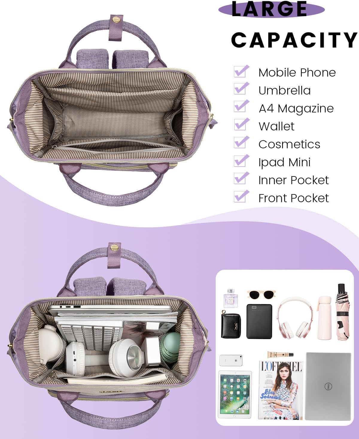 LOVEVOOK Mini Backpack for Women, Cute Small Backpacks Purse, Fashion Bag for Work Travel Gift, Lightweight Daypack, White-Purple - Image 3