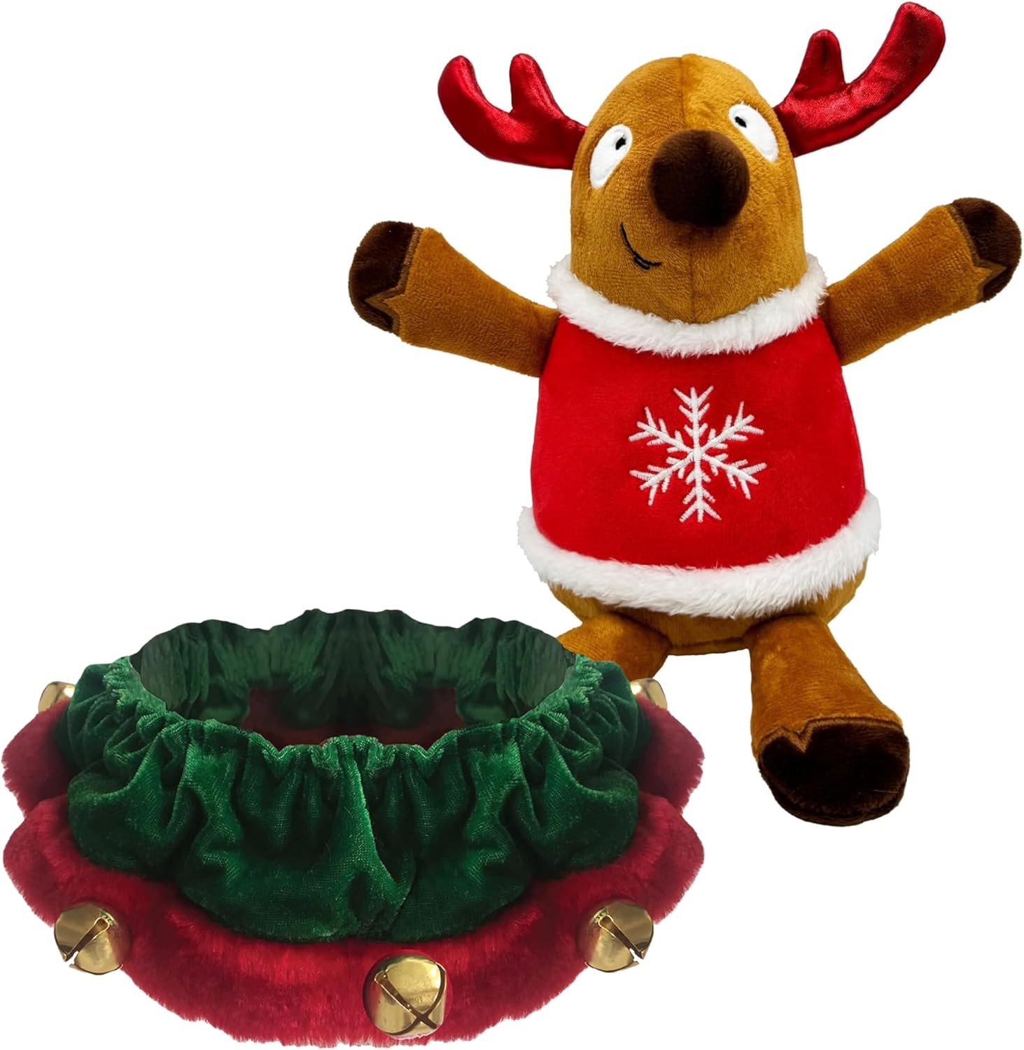 Huxley & Kent Christmas Holiday Ruff & Dog Toy Bundle | Large Elf Ruff and Large Rocky Reindeer Plush Dog Toy | Large Plush Dog Toy and Large Stretchable Neckwear for Dogs