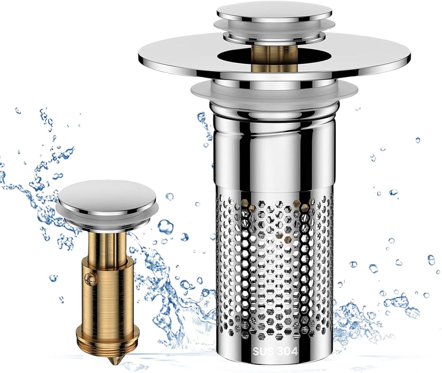 Bathroom Sink Drain Strainer, Universal Pop-up Sink Stopper with Removable Hair Catcher & Stainless Steel Filter Basket, Anti-Clog Drain Protector Fits Most US Standard Bathroom Sinks