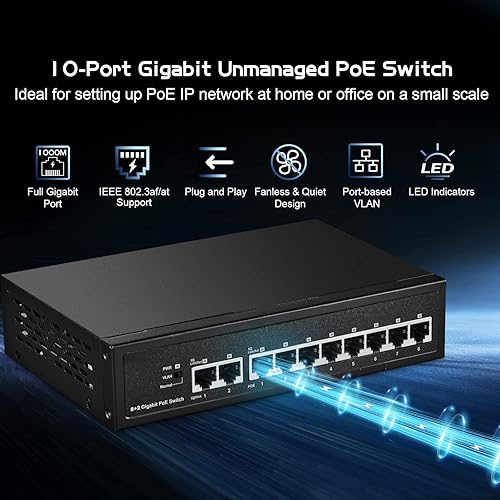 Miniatura 2 de Binardat Conmutador POE Gigabit de 10 puertos, 8 puertos POE+ 1000Mbps, 2 Gigabit Uplink, IEEE802.3afat, fuente de alimentación interna de 120 W,