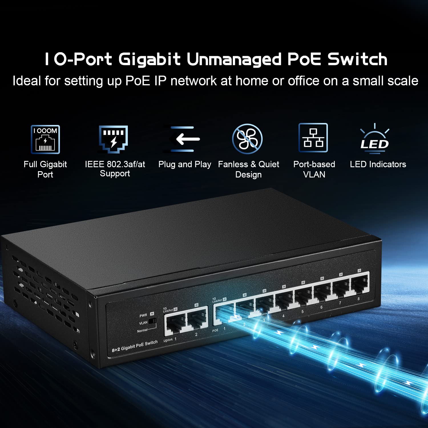 Binardat 10 portów Gigabit POE Switch, 8 portów POE+ 1000Mbps, 2 Gigabit Uplink, IEEE802.3af/at, zasilacz wewnętrzny 120W, metalowa obudowa Plug and Play niezarządzana