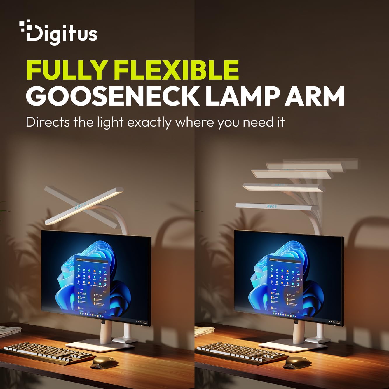 Digitus Lampada da scrivania a LED – 1025 lumen – Larghezza 50 cm – 7 W | 1000 lux – Temperatura di colore a 4 livelli – Regolabile – Controllo touch – Braccio flessibile – Base a morsetto – Bianco