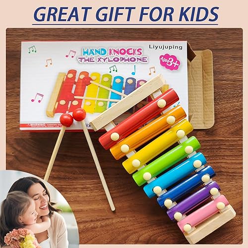 Miniatura 7 de Xilófono para niños pequeños, xilófono de bebé con 2 mazos de madera seguros y 8 llaves diatónicas, instrumentos musicales para niños pequeños,