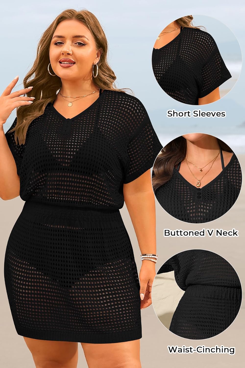 Aqua Eve Plus Size Swimsuit Cover Up - Crochet Bathing Suit Coverups 2025 Short Sleeve Beach Dress Swimwear