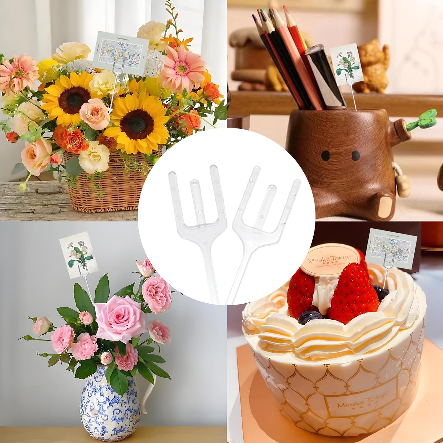 Pine & Linen 50 Pcs Floral Card Holders Picks, Clear Plastic Flower Pick Holder Photo Card Holder, Transparent Fork Shaped Floral Sticks for Wedding Birthday Party Decoration（2 Size）