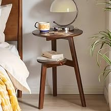 Side Table, Small Round End Table with 2-Tier Shelf, Solid Wood Nightstand for Small Spaces, Mid Century Modern Accent Table for Living Room Bedroom, 16.54"D x 16.54"W x 23.62"H, Walnut