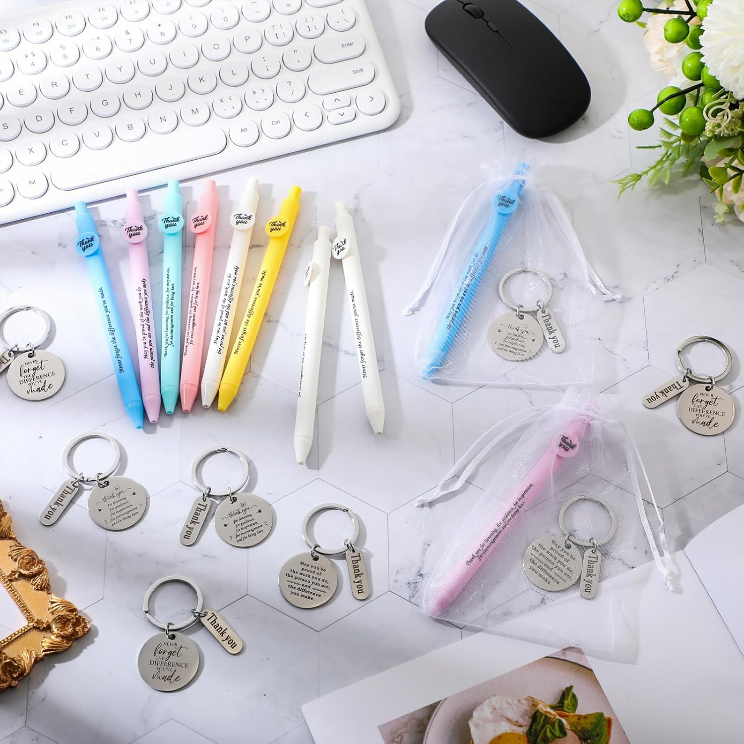 Yeaqee 108 Pcs Teacher Appreciation Gifts 36 Thank You Pens 36 Motivational Keychains with Organza Bags Inspirational Retractable Ballpoint Pen Thank You Gifts for Teacher Employee Coworkers Nurse