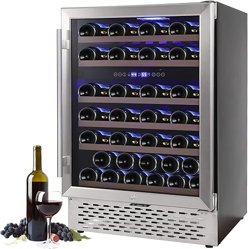 Refrigerador de vino con 51 botellas, compresor de doble zona, refrigerador integrado o independiente con acero inoxidable sin costuras y puerta de