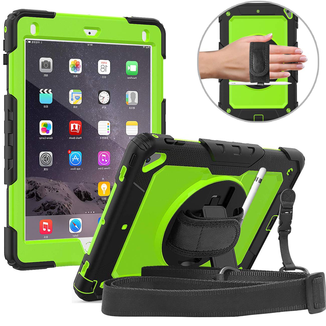 DanycaseiPad Air 2 Case, Case for iPad 6th/5th Generation, Full-body Shockproof Protective Case with[Screen Protector][Hand&Shoulder Strap] for iPad Air 2/iPad 5th/6th Gen 9.7 2017/2018 (Black+Green)