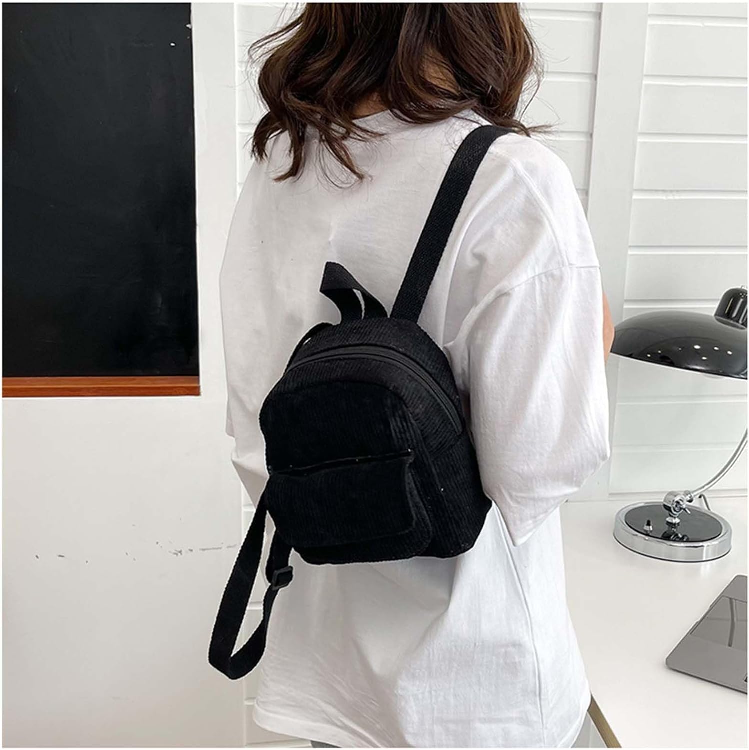 Corduroy Small Backpack for Womens and Girls, Mini Backpack Casual Backpacks Fashion Cute Backpacks Purse (Style 2, Black) - Image 6